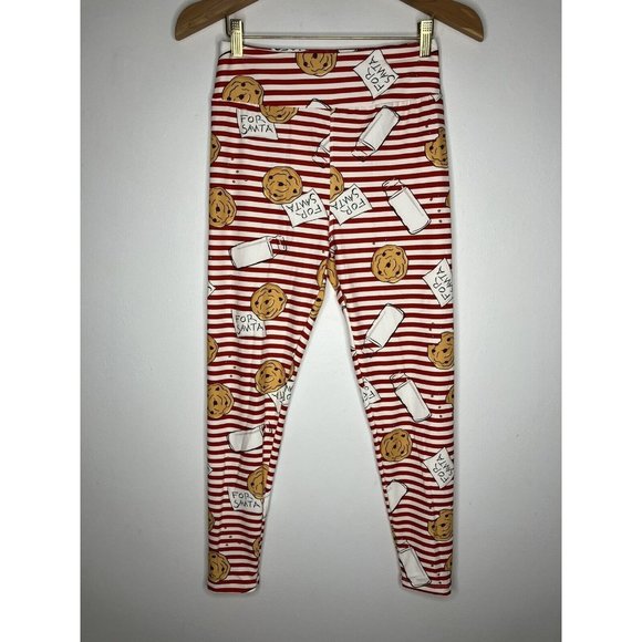 LULAROE Christmas Leggings Santa Cookies And Milk Red White Stripes One Size - Picture 1 of 8